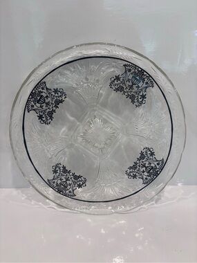 Vintage Pressed Glass Divided Serving Tray Black Floral Relish Dish 13.5”